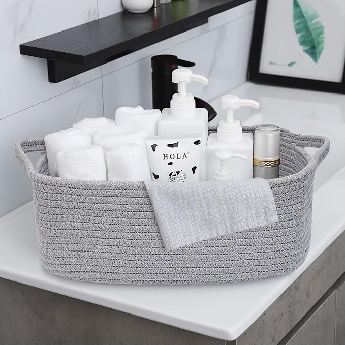 ABenkle Small Storage Basket with Handles, Cotton Rope Woven Dog Cat Toy Bin, Decorative Shelves Closet Organizing for Nursery Laundry Bedroom Bathroom, 14.2''x 11''x 5.1''