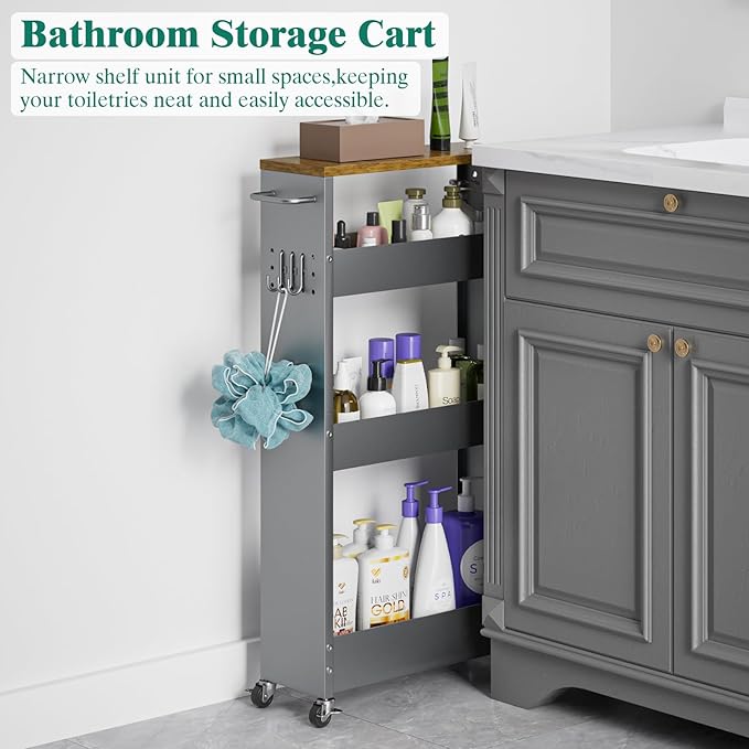 Slim Storage Cart, 4 Tier Rolling Kitchen Cart on Wheels for Small Space, Narrow Laundry Bathroom Organizers Mobile Shelving Unit Metal Utility Cart with Handle, 5.9in Width, Gray