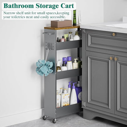 Slim Storage Cart, 4 Tier Rolling Kitchen Cart on Wheels for Small Space, Narrow Laundry Bathroom Organizers Mobile Shelving Unit Metal Utility Cart with Handle, 5.9in Width, Gray