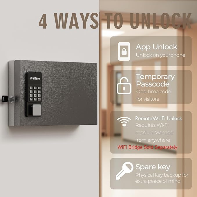 WeHere 24 Key Lock Box Wall Mount, APP Bluetooth/OTP/Wi-Fi/Fixed Code/Key Unlock, Smart Key Cabinet with Key Tag, Key Organizer Holder Box, Key Management Directory for Office, Valet, Realtor, Hotel