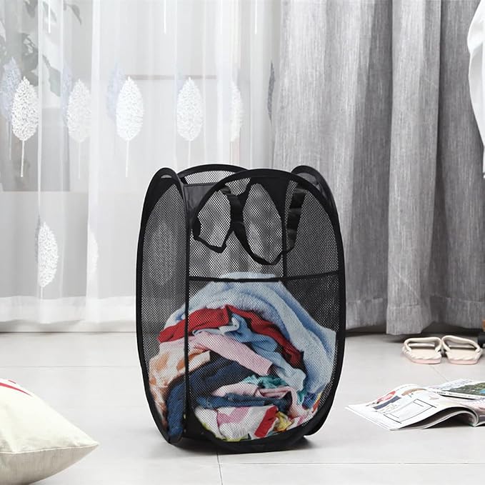 2 Packs Mesh Pop up Laundry Hamper (Black/Navy Blue) with Portable Durable Handles, Collapsible for Storage, Folding Pop-Up Clothes Hampers for Apartment, Home, College Dorm or Travel