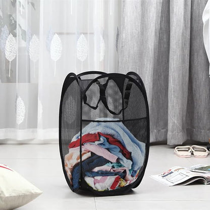 2 Packs Mesh Pop up Laundry Hamper (Black/Navy Blue) with Portable Durable Handles, Collapsible for Storage, Folding Pop-Up Clothes Hampers for Apartment, Home, College Dorm or Travel