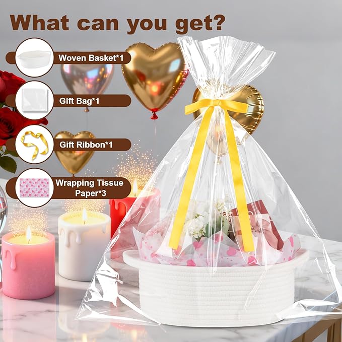 OIAHOMY Gift Basket with Handle, Valentine's Day Woven Basket with Gift Bag, Ribbon and Wrap Tissue Paper, Nursery Bins Empty to Fill with Small Items, Baby, Pet Toy Organiser - Valentine's White