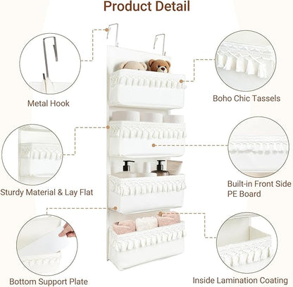Dahey Over The Door Organizer Boho Nursery Storage Decor Closet Hanging Organizer with Tassels Decoration for Bedroom Nursery Bathroom Apartments Dorm Pantry, 4 Pockets, White