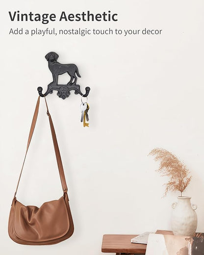 Cast Iron Dog Wall Hooks for Hanging, Heavy Duty Dog Leash Holder for Wall Mount Coat Hooks Decorative Key Hanger Vintage Farmhouse Entryway Cute Animal Decor Rustic Black 2 Pack