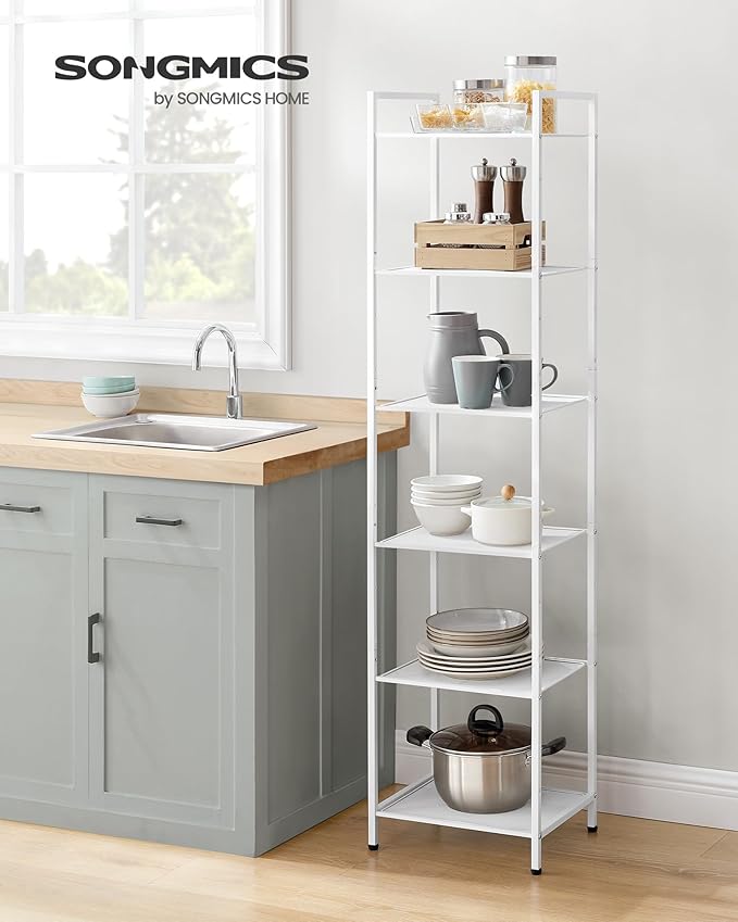 SONGMICS 6-Tier Storage Rack, Bathroom Shelf, Extendable Plant Stand with Adjustable Shelf, for Bathroom, Living Room, Balcony, Kitchen, Classic White UBSC036W01