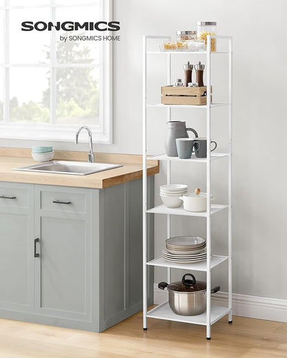 SONGMICS 6-Tier Storage Rack, Bathroom Shelf, Extendable Plant Stand with Adjustable Shelf, for Bathroom, Living Room, Balcony, Kitchen, Classic White UBSC036W01