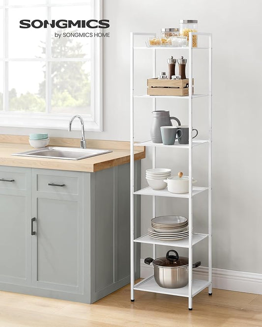 SONGMICS 6-Tier Storage Rack, Bathroom Shelf, Extendable Plant Stand with Adjustable Shelf, for Bathroom, Living Room, Balcony, Kitchen, Classic White UBSC036W01
