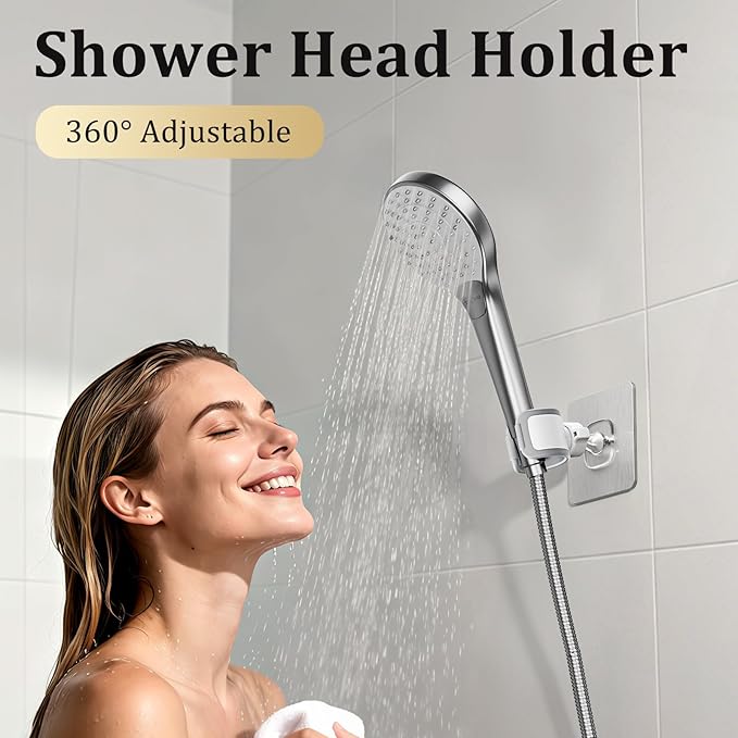 Adjustable Wall Mounted Shower Head Holder, Strong Adhesive & Drilling 2 Installation Methods, 360° Swivel Handheld Shower Wand Holder for RV Kids’ Bathroom Shower Accessories （White）