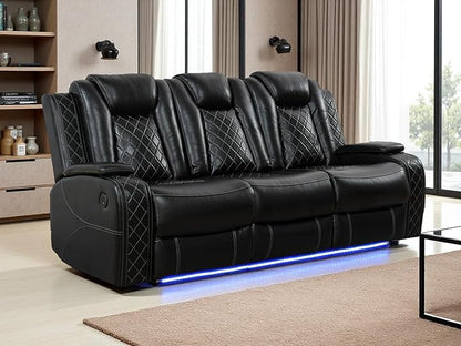 Power Leather Recliner Sofa Set with LED Light, Living Room Furniture Sets, Black Breathing Leather Power Reclining Sofa Couch with 2 Recliner Seats/Storage Console/USB Port for Living Room