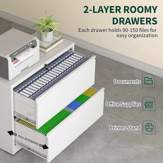 Lateral File Cabinet with Lock, Metal File Cabinets for Home Office Legal/Letter A4 Size, File Cabinet with 2 Drawer Storage Cabinet, Require Assembly, White