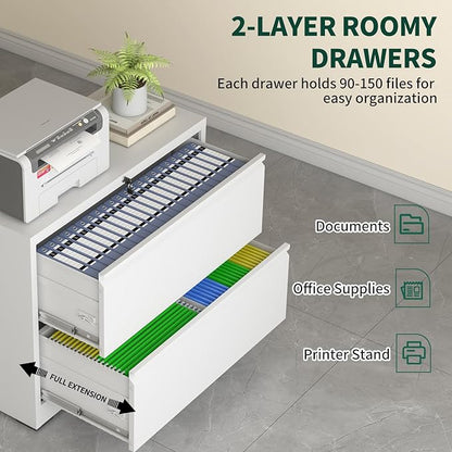Lateral File Cabinet with Lock, Metal File Cabinets for Home Office Legal/Letter A4 Size, File Cabinet with 2 Drawer Storage Cabinet, Require Assembly, White