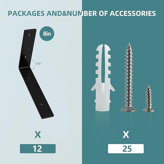 HEART ART 12 Pack Shelf Brackets 8 inch,L Brackets for Shelves,Black Heavy Duty Metal Shelf Brackets,8”x4”x1.4”