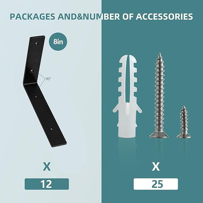 HEART ART 12 Pack Shelf Brackets 8 inch,L Brackets for Shelves,Black Heavy Duty Metal Shelf Brackets,8”x4”x1.4”