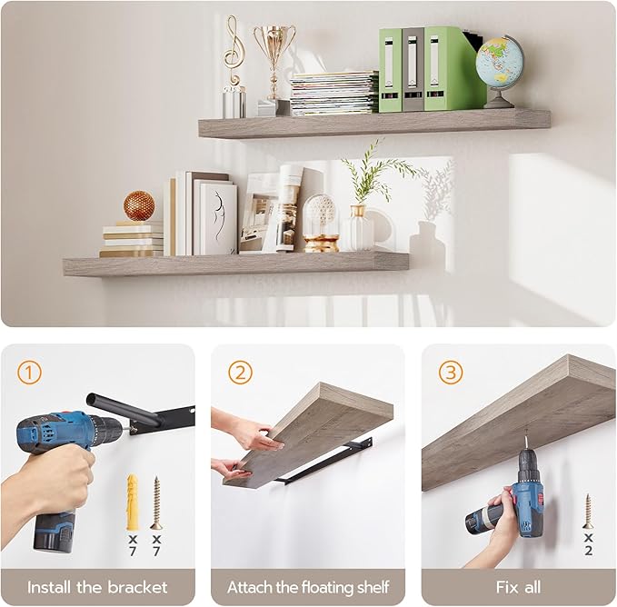 HOOBRO Floating Shelves for Wall, Wall Mounted Shelf Set of 2, 47.2" Hanging Shelf with Invisible Brackets, for Wall in Bathroom, Bedroom, Toilet, Kitchen, Living Room, Office, Greige BG120BJP201
