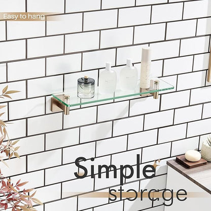 KOKOSIRI Wall Shelves Bathroom Hardware Tempered Glass Floating Shelf Hanging Rack Storage/Room Decor 20-Inch Champagne Bronze 2 Pack B1105CPG-L20-P2