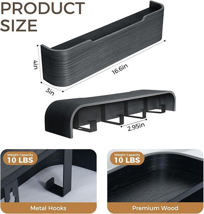 Wall Coat Rack Floating Shelves Modern Coat Rack Wall Mount with Storage Entryway Shelf Wooden Hanger 20 Inch 4 Hidden Metal Hooks for Living Room Bedroom (Black, 4 Hooks)