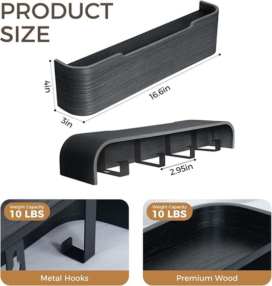 Wall Coat Rack Floating Shelves Modern Coat Rack Wall Mount with Storage Entryway Shelf Wooden Hanger 20 Inch 4 Hidden Metal Hooks for Living Room Bedroom (Black, 4 Hooks)