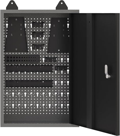 JZD Metal Storage Wall Mounted Lockable Cabinet with 22 Tool Hooks, for Garage Basement Workshop, Black & Gray