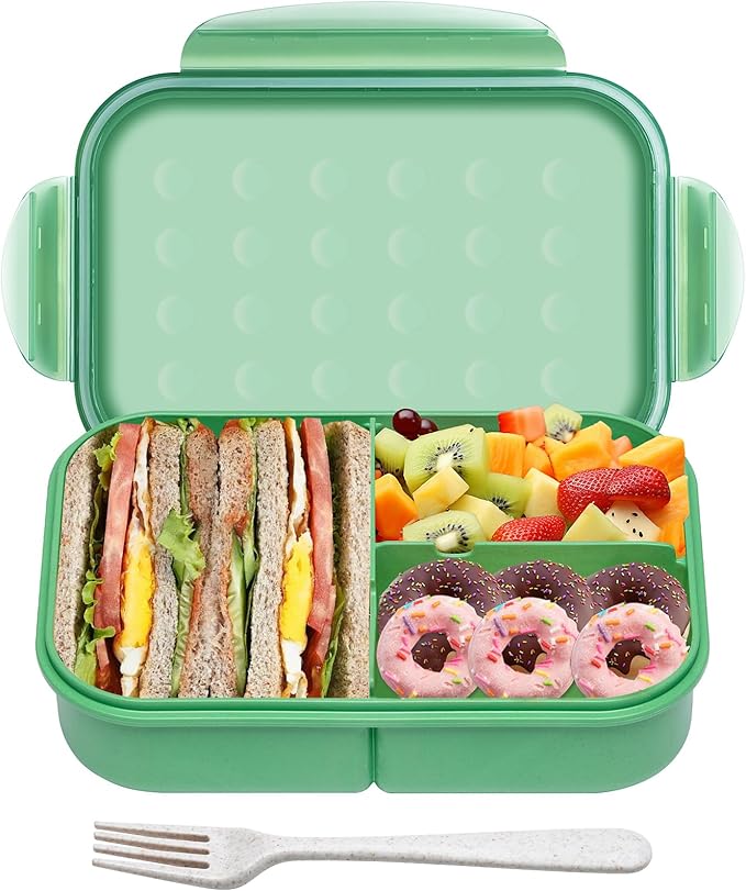 Wheat Straw Lunch Box, Leakproof 3-Compartment Bento Box for Kids & Adults, BPA-Free Lunch Containers, Microwave & Dishwasher Safe, 5.5 Cup (Green)