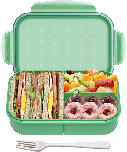 Wheat Straw Lunch Box, Leakproof 3-Compartment Bento Box for Kids & Adults, BPA-Free Lunch Containers, Microwave & Dishwasher Safe, 5.5 Cup (Green)