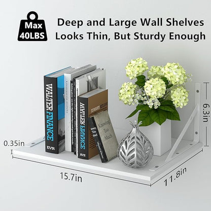 Deep Floating Wall Shelves - 4 Sets of 12 Inch Wide White Wood Shelves for Bathroom, Bedroom, Kitchen, Living Room