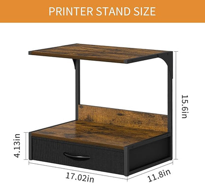 Printer Stand with Storage for Desk, with Fabric Drawer Desktop Printer Stand Shelf Organzier for Home Office, for Above and Under Desk Printer Table, Fax Machine Copier, Retro