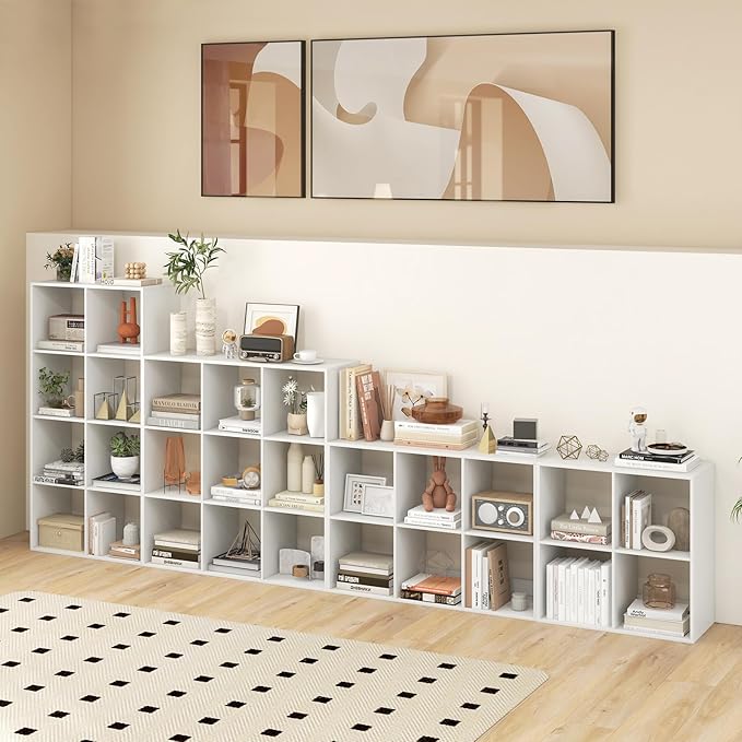 Giantex 4-Cube Bookcase, White Cubby Bookshelf w/Back Guardrail & Anti-Tipping Kits, 6-Tier Freestanding Storage Organizer with Shelves, Open Back Display Rack for Living Room, Bedroom, Study