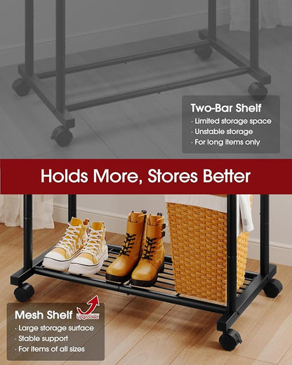 Clothes Rack - Double Rods Clothing Rack with Mesh Shelf, Hooks & Wheels, Metal Clothing Racks for Hanging Clothes & Bags, Multifunctional Garment Rack for Laundry, Black, 28.7" x 16.5" x 59.1"
