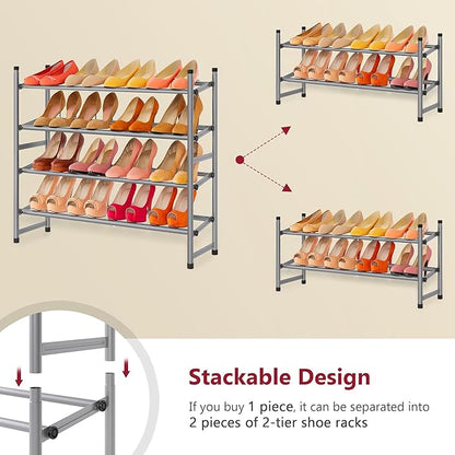Tajsoon Expandable Shoe Rack for Closet 4 Tier, 29“-41“Adjustable & Stackable Shoe Shelf Storage, Metal Shoe Rack Organizer for Front Door Entrance, Closet, Garage, Entryway, Grey