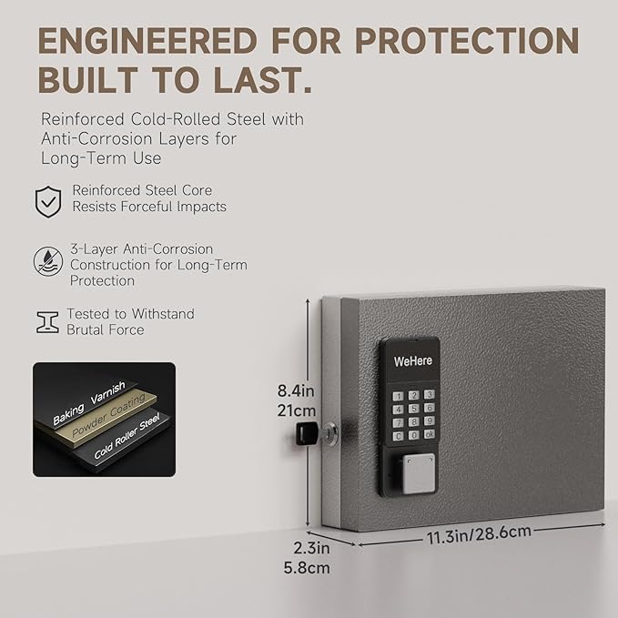 WeHere 16-Key Key Lock Box Wall Mount – Smart Key Cabinet with App, Keypad, Bluetooth & WiFi Unlock (Sold Separately), Key Organizer for Home, Access Log Tracking Key Management for Small Office