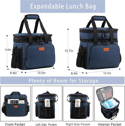 Expandable XLarge Lunch Box, Insulated Heavy Duty Lunch Bag Waterproof Leakproof Durable Cooler Bag for Men Women Adults Work Construction Camping Trip, 22L, Blue
