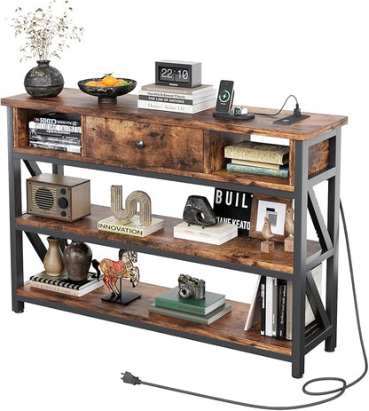 Mexin Console Table with Outlets and USB Ports, Entryway Table with Drawer Storage Shelves, Industrial Wood Hallway Sofa Table for Living Room, Couch, Foyer, Kitchen Counter, 39 Inch, Vintage Brown