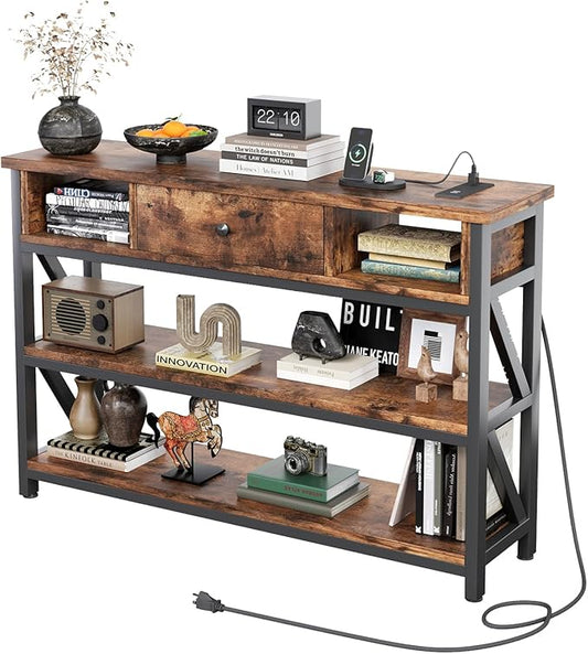 Mexin Console Table with Outlets and USB Ports, Entryway Table with Drawer Storage Shelves, Industrial Wood Hallway Sofa Table for Living Room, Couch, Foyer, Kitchen Counter, 39 Inch, Vintage Brown