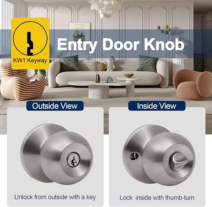 Lanwandeng Door Knobs with Lock and Key, Keyed Entry Door Knob, Exterior and Interior Door Lock, Door Handle Satin Nickel