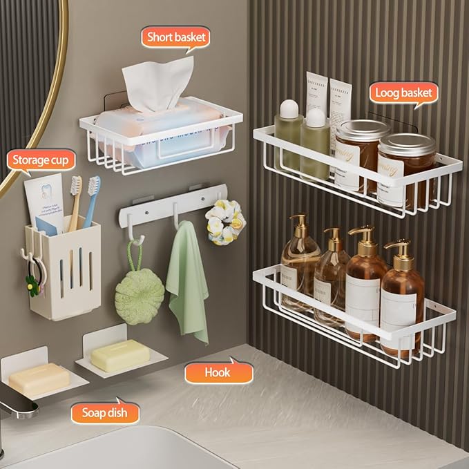 Wall Mounted Bathroom Organizer Set, White, 3-Tier Storage Basket Shelves with Soap Holder, Toothbrush Cup, Hooks for Toiletries, Adhesive Installation