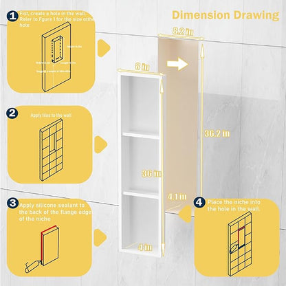 Narrow Shower Niche with Shelf，Stainless Steel recessed Wall Niche ，Three-Tier Shelves with Bathroom Storage/Remodel， Matte White （ 8"x 36"）