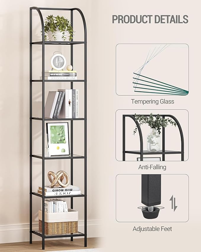 Bookcase Bookshelf, Tempered Glass Arched Bookshelf for More Storage, Slim Shelving Unit for Bedroom, Bathroom, Home Office, Steel Frame, 6 Tier Black BC20699B