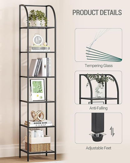 Bookcase Bookshelf, Tempered Glass Arched Bookshelf for More Storage, Slim Shelving Unit for Bedroom, Bathroom, Home Office, Steel Frame, 6 Tier Black BC20699B