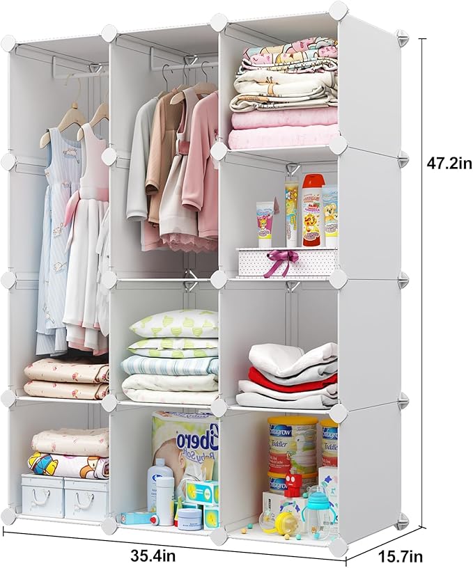 VIPZONE Baby Closet,Dresser, Kids Closet Organizers, Portable Kids Wardrobe for Closet, Bedroom, Nursery, Cubby, Cabinet, Clothes, Dress, Baby Storage Shelf, Armoire Clothes Hanging (12 Cube, White)