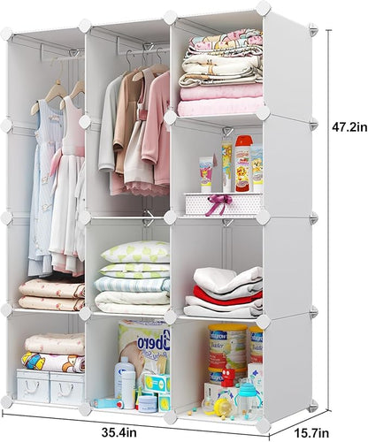 VIPZONE Baby Closet,Dresser, Kids Closet Organizers, Portable Kids Wardrobe for Closet, Bedroom, Nursery, Cubby, Cabinet, Clothes, Dress, Baby Storage Shelf, Armoire Clothes Hanging (12 Cube, White)
