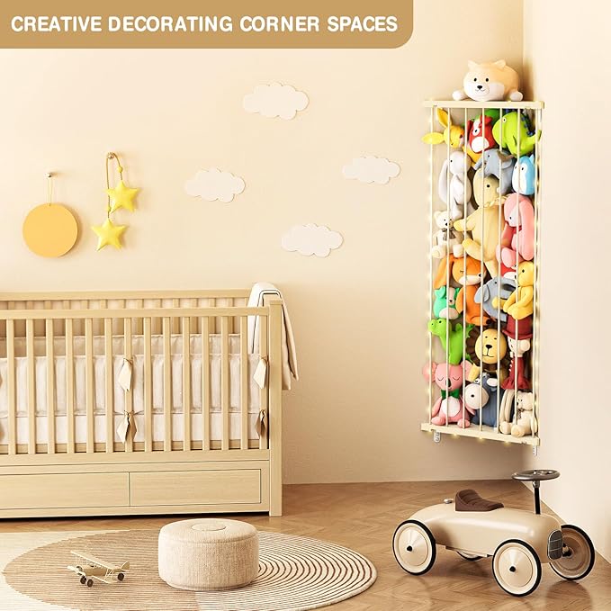 Stuffed Animal Storage Shelf Organizer(Patented) - Corner Stuffed Animal Holder Length Adjustable - Wall Plush Storage with Light for Nursery Playroom Bedroom Kids Room (Beige)