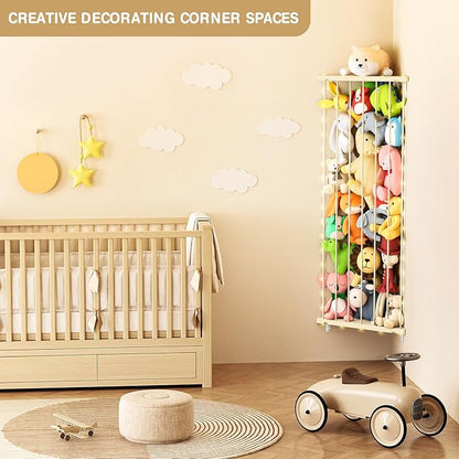 Stuffed Animal Storage Shelf Organizer(Patented) - Corner Stuffed Animal Holder Length Adjustable - Wall Plush Storage with Light for Nursery Playroom Bedroom Kids Room (Beige)