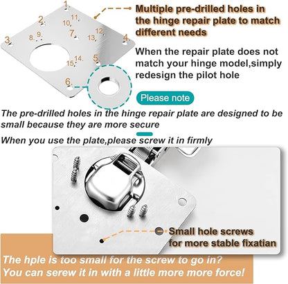 6 Pcs Cabinet Door Hinge Repair Plates, Cabinet Hinge Repair Board Replacement Kit, Metal Hinges Repair Fixing Plates with Screw for Kitchen Cupboard Door