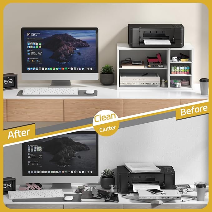 MARTY Printer Stand with Storage for Desk Large Desktop Printer Stand Desk Organizer with Paper Storage Holder File Organizer Wooden Printer Shelf Riser for Home/Office, White