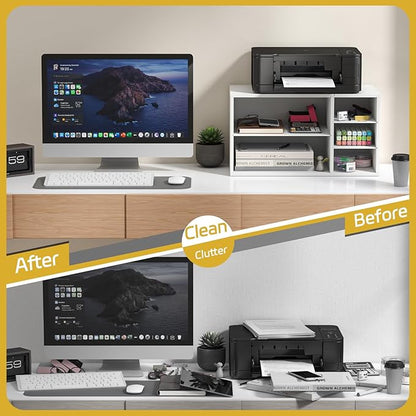 MARTY Printer Stand with Storage for Desk Large Desktop Printer Stand Desk Organizer with Paper Storage Holder File Organizer Wooden Printer Shelf Riser for Home/Office, White