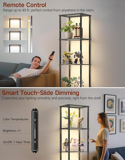 5 Tier Tall Display Shelves with LED Lights, Touch & Remote Control, Dimmable Display Cabinet, Open Bookshelf with 3 Color Temperature, Timer for Living Room, Bedroom, Home Decor(Black)