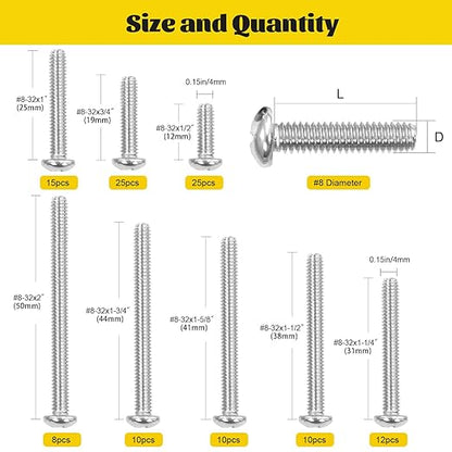 115PCS #8-32 Machine Screws, #8-32 x 1/2", 3/4", 1",1-1/4", 1-1/2", 1-5/8", 1-3/4", 2" Phillips Pan Head Screws Bolts Assortment Kit, 304 Stainless Steel Bolt for Electrical Wall Plate Switch