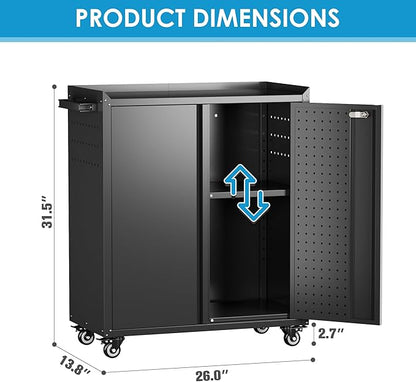 Metal Storage Cabinets with Door Pegboard,Lockable Garage Storage Cabinets with Wheels for Garage, Home, Office,Assembly Required,Black,13.8" D x 26" W x 31.5" H