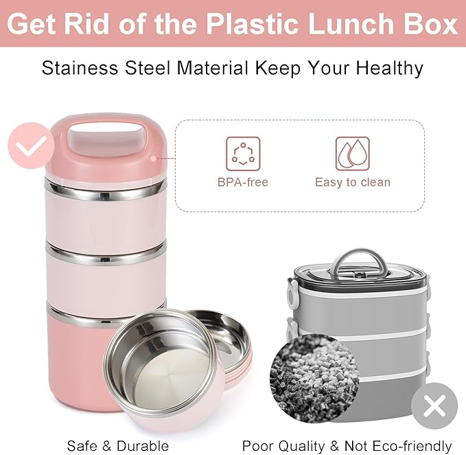 Lille Home 3-Layer Stainless Steel Lunch Box 1.43L- Leakproof, BPA-Free Insulated Bento Box for On-the-Go Meal Prep, Stackable Food Container for Women & Men